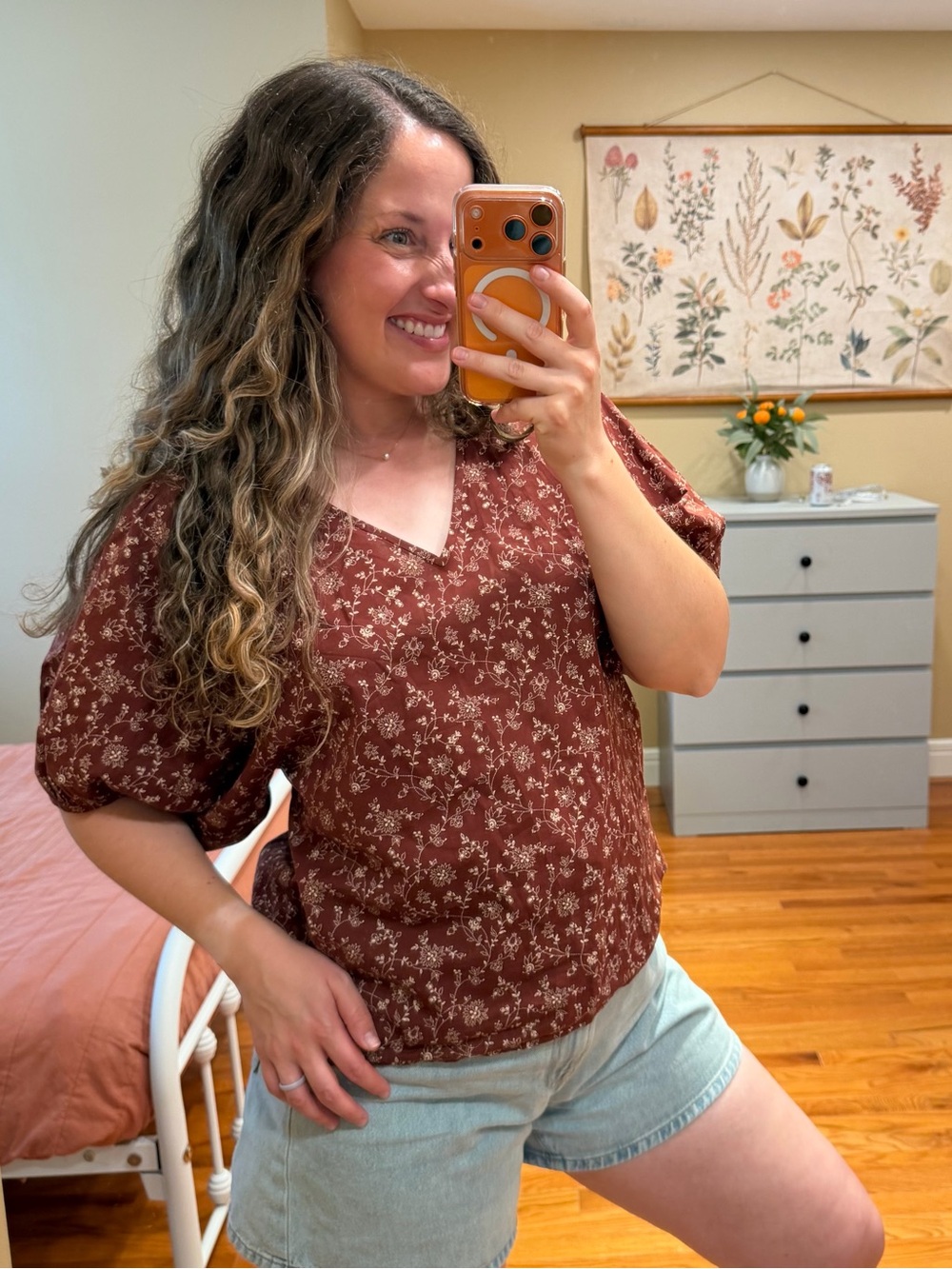 Madewell Cotton V-Neck Puff Sleeve Top in Rust Dainty Floral Large